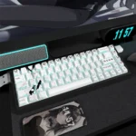 Mai Sakurajima anime PBT side-print translucent keycaps set, showcasing intricate character art and vibrant RGB compatibility from multiple angles.
