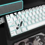 Mai Sakurajima PBT side-print translucent keycaps set gallery, featuring detailed anime art and sleek legends from multiple angles, illuminated by vibrant design.