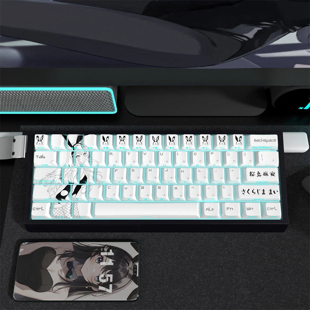 Mai Sakurajima Anime PBT side-print translucent keycaps set showcasing elegant character art and vibrant RGB backlighting.