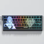 An artistic view of exclusive Chainsaw Man Makima keycaps set, highlighting their unique side-printed translucent legends designed for vibrant RGB backlighting.