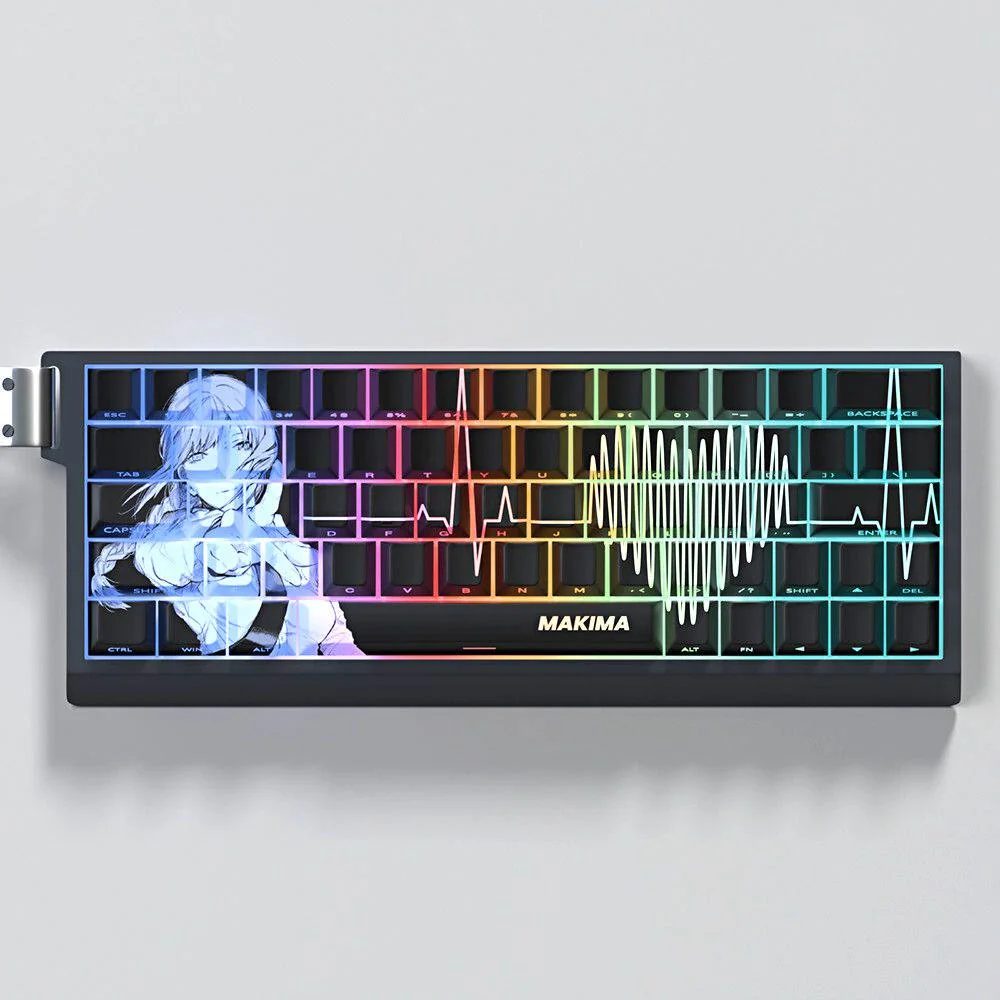 An artistic view of exclusive Chainsaw Man Makima keycaps set, highlighting their unique side-printed translucent legends designed for vibrant RGB backlighting.
