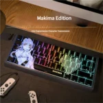 Exclusive Chainsaw Man Makima backlit side-print keycaps set displayed, showing their iconic aesthetic and translucent legends with an artistic RGB glow.