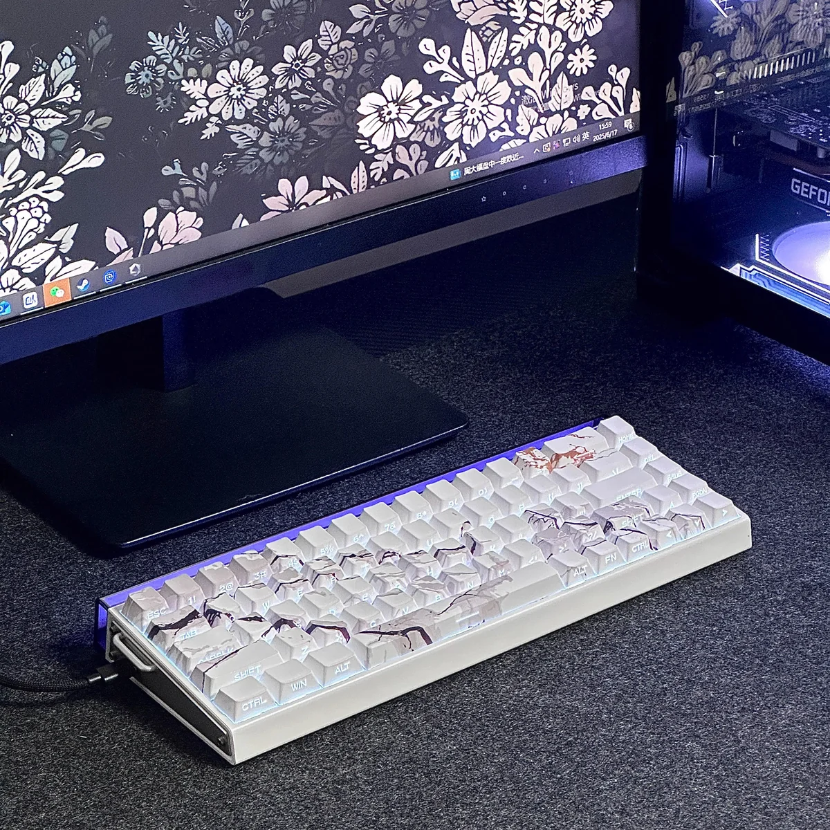 A close-up of the premium PBT marble keycap set, showcasing its exquisite side-engraved legends and subtle backlighting from a unique perspective.