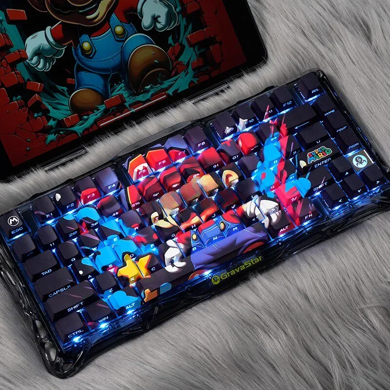 A playful Mario PBT keycap set from various angles, highlighting vibrant pixel art and glowing side-lit legends. Experience nostalgic gaming.