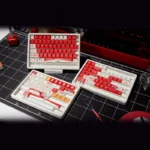 Marlboro F1 Racing PBT gaming keycap set. Bold red and white, iconic motorsport design shown from multiple angles. Durable PBT for enhanced gaming.