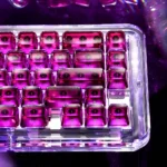 Ethereal crystal MDA transparent keycaps set displayed from various angles, highlighting their side-lit brilliance and ice-transparent purple PC material.