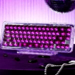 Close-up of premium Crystal MDA transparent keycaps set in ethereal purple, highlighting their crystal-clear PC and luminous side-lit design for custom keyboards.