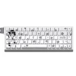 Gallery of Megumi Kato side-print backlit PBT keycaps set. Multiple angles reveal subtle anime art, clean side legends, and glowing backlight compatibility.