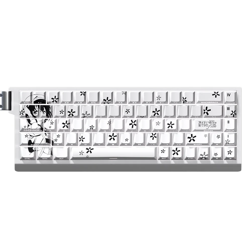 Gallery of Megumi Kato side-print backlit PBT keycaps set. Multiple angles reveal subtle anime art, clean side legends, and glowing backlight compatibility.