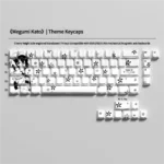 Artistic gallery showcasing Saekano Megumi Kato side-print backlit PBT keycaps set from various angles, highlighting the clean legends and subtle glowing design.