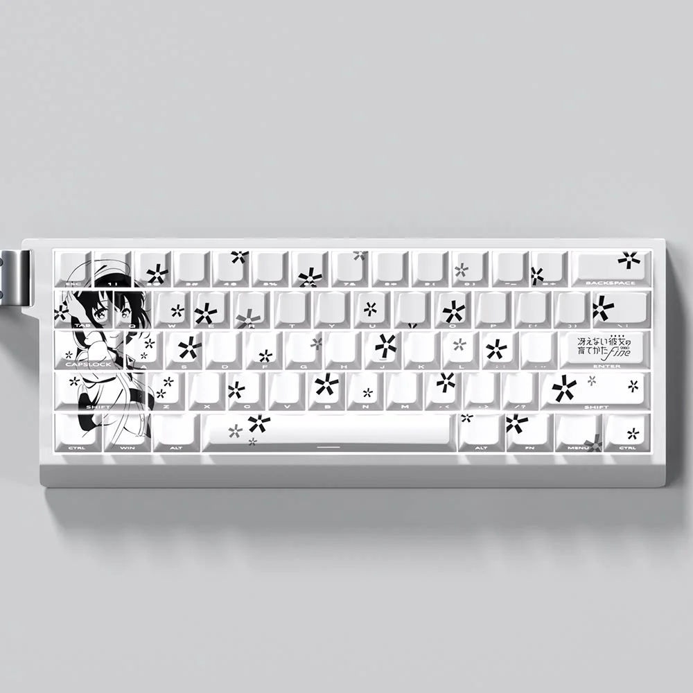 Artistic Megumi Kato PBT keycaps set featuring subtle Saekano character art and crisp side-printed legends, beautifully backlit for a glowing effect.