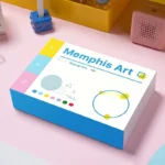 Vibrant Memphis keycaps set showcased from multiple angles, featuring bold geometric shapes and playful contrasting colors for a retro-futurist desk art.