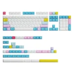 Vibrant Memphis Keycaps Set, retro-futurist desk art. Bold geometric shapes and playful contrasting colors shown from all sides.