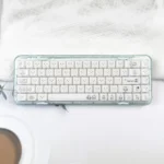 Detailed views of Miffy crystal jelly MAO keycaps set in pastel pink and white, emphasizing the translucent material and precise side-engraved Miffy icon design.