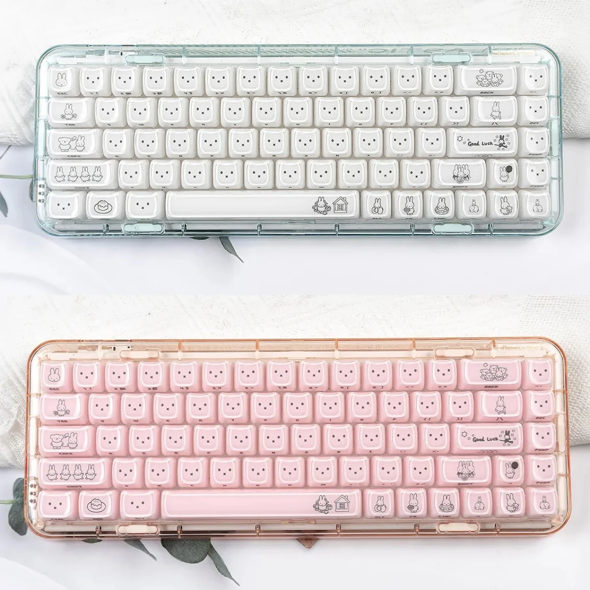 Miffy crystal jelly keycaps set featuring adorable side-engraved Miffy rabbits in translucent pastel pink and white, perfect for a playful keyboard.