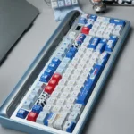 Adorable Milk Rabbit PBT dye-sub keycaps set. Multiple views reveal whimsical pastel pink and cream rabbit and candy designs, evoking sweet Shanghai charm design.