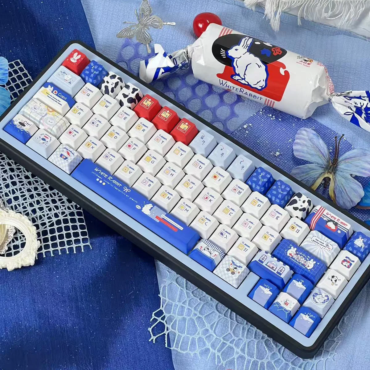 Adorable Milk Rabbit Candy Keycaps set in pastel pink and cream, featuring whimsical rabbit and candy PBT dye-sub designs for sweet Shanghai charm.