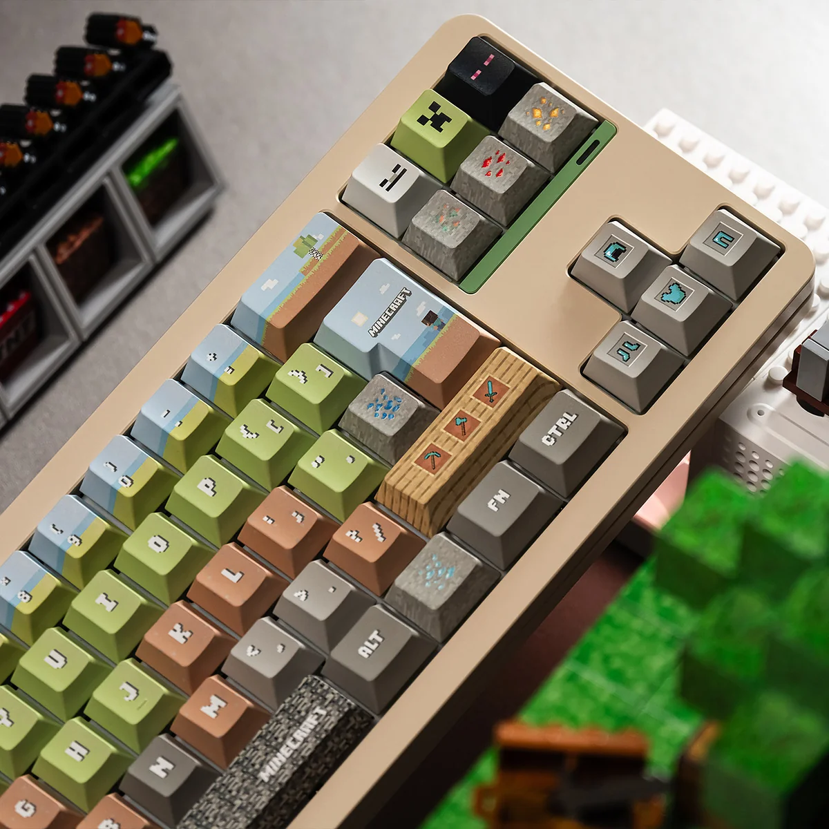 Gallery view of durable PBT Minecraft pixel art keycaps set, showing various angles of iconic green pixelated designs for a nostalgic gaming setup.