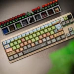 A gallery of durable PBT Minecraft pixel art keycaps set, showcasing various angles of the iconic green block-inspired designs. Perfect for a nostalgic gaming setup.