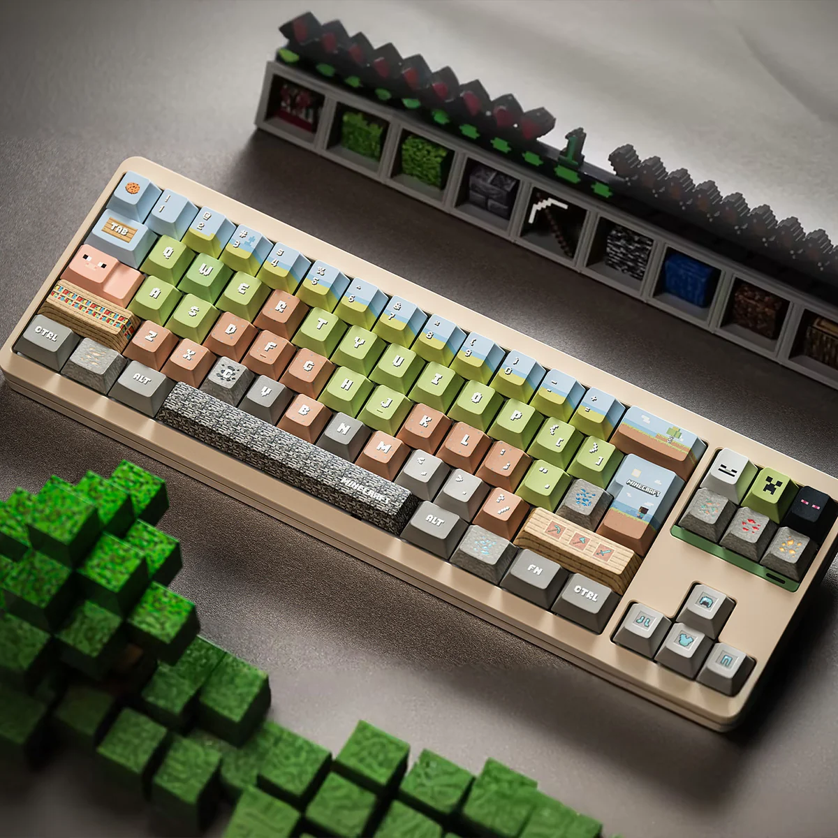 Durable PBT Minecraft pixel art keycaps set showcasing an iconic green block design, perfect for gamers seeking a nostalgic keyboard upgrade.