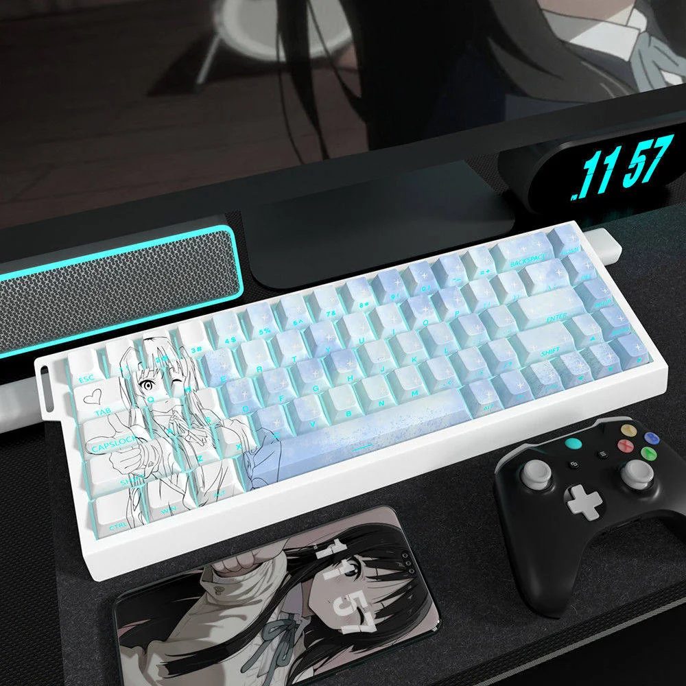 Vibrant Mio Akiyama side-lit PBT keycaps set for K-On! fans, showcasing exclusive anime art and subtle musical details with glowing legends.