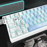 Exclusive Mio Akiyama PBT keycaps set for K-On!, showcasing vibrant anime art and unique side-lit legends from multiple angles, emphasizing durable PBT.