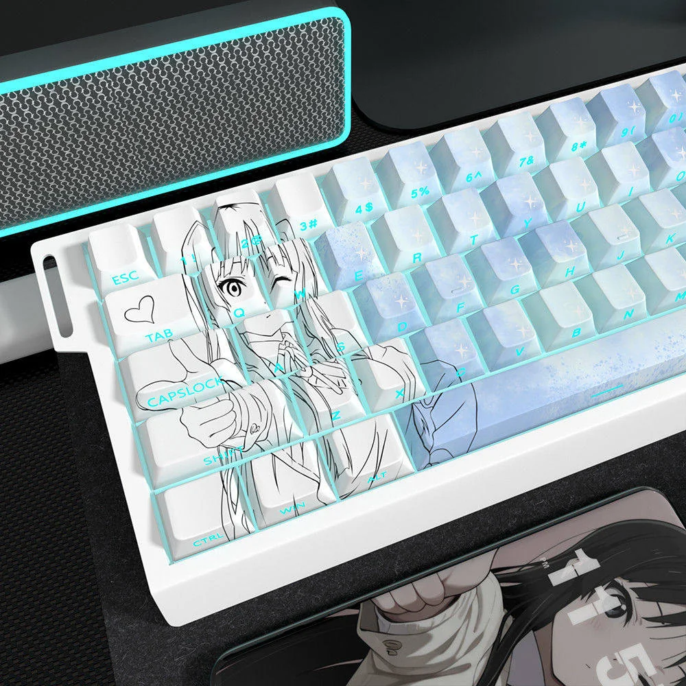 Exclusive Mio Akiyama PBT keycaps set for K-On!, showcasing vibrant anime art and unique side-lit legends from multiple angles, emphasizing durable PBT.