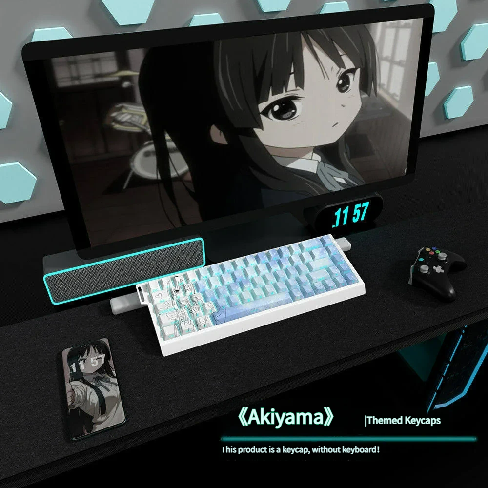 Mio Akiyama K-On! side-lit PBT keycaps set, displaying vibrant anime art and musical motifs from various angles. Durable PBT legends glow.