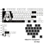 A 121-key custom Miyu PBT keycap set showcasing whimsical side-printed characters and striking black translucent heart accents for an artistic keyboard set.