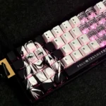 Close-up views of the whimsical Miyu character custom PBT keycaps set, showcasing unique side-printed legends and enchanting translucent heart accents.