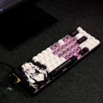 Whimsical Miyu character side-printed custom PBT keycaps displayed from multiple angles, showcasing the unique original art and enchanting translucent heart design.