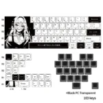 Whimsical Miyu character custom PBT keycaps set with clean side-printed legends and a striking black translucent heart accent, designed for 103-key layouts