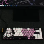 Artistic Miyu custom PBT keycaps set featuring whimsical original characters, crisp side-printed legends, and charming translucent heart details.