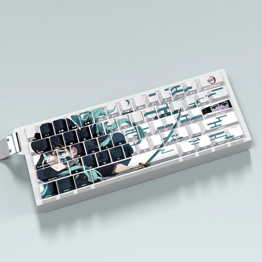 Exclusive Muichiro Tokito Side-Lit PBT Keycap Set, displayed from various angles. Features serene anime mist aesthetics and vibrant character legends.