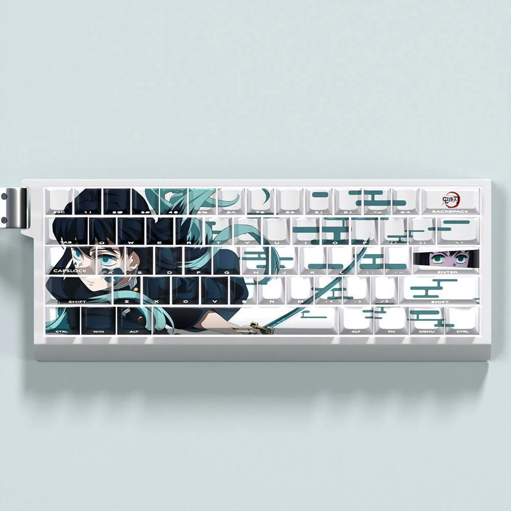 Exclusive Muichiro Tokito Side-Lit PBT Keycap Set showcasing vibrant anime-inspired character motifs and a serene mist aesthetic.
