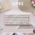 Cute pastel pink My Melody keyboard, shown from multiple angles, emphasizing its silent mechanical keys and versatile tri-mode connectivity.