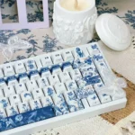 Mysterious Garden PBT Keycaps Set showcasing exquisite dye-sub ancient flora and traditional motifs. Serene, enchanted garden aesthetic from multiple angles.