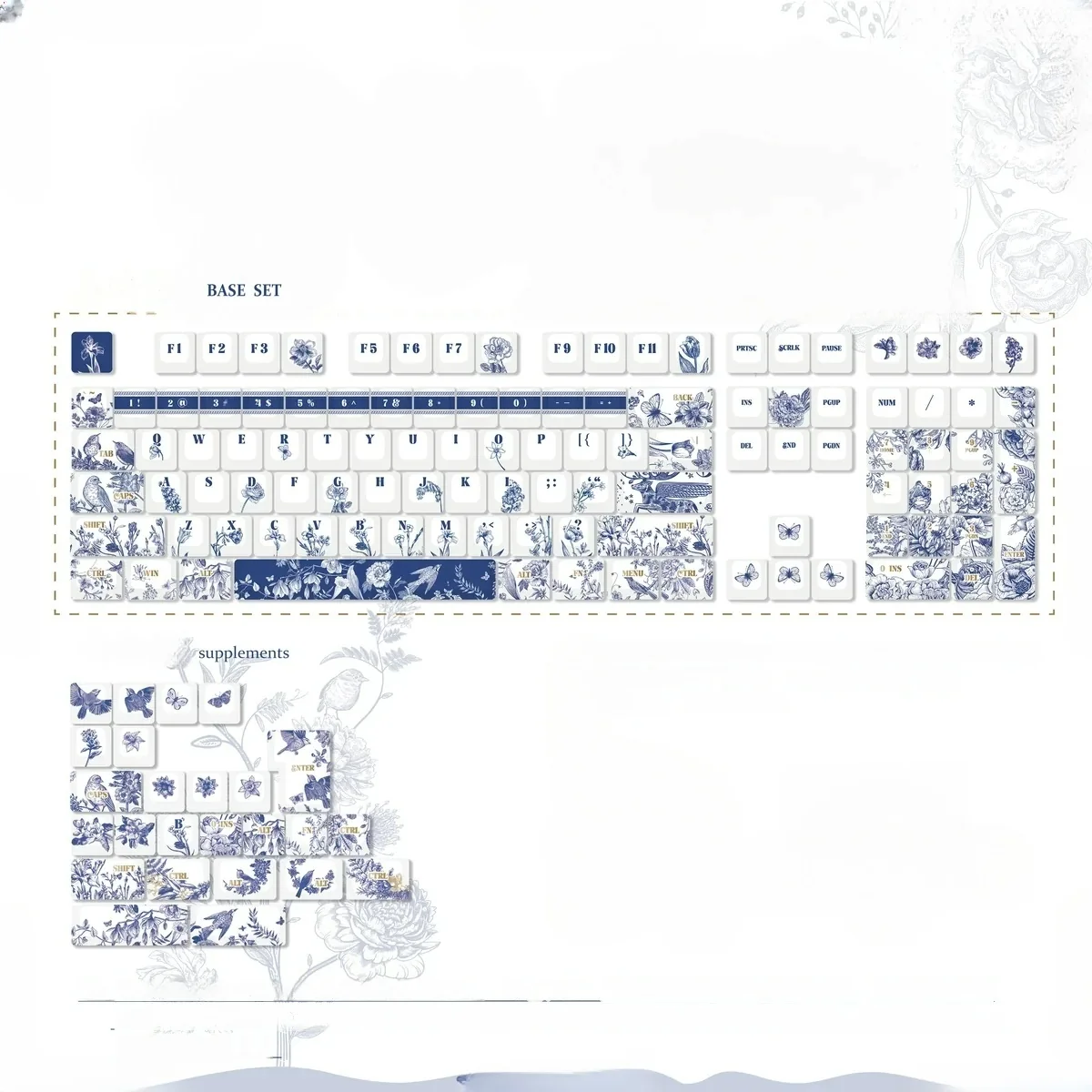 Mysterious Garden Keycaps Set from multiple angles, highlighting the exquisite dye-sub PBT with serene ancient garden motifs and delicate flora.