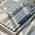 An angled view of the Mysterious Garden PBT keycap set, highlighting the exquisite dye-sublimated ancient flora and serene artistic motifs across various design.