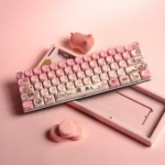 Whimsical Patrick Star PBT MOA keycap set at various angles, highlighting cute pink dye-sublimated designs and ergonomic MOA profile for playful desk.