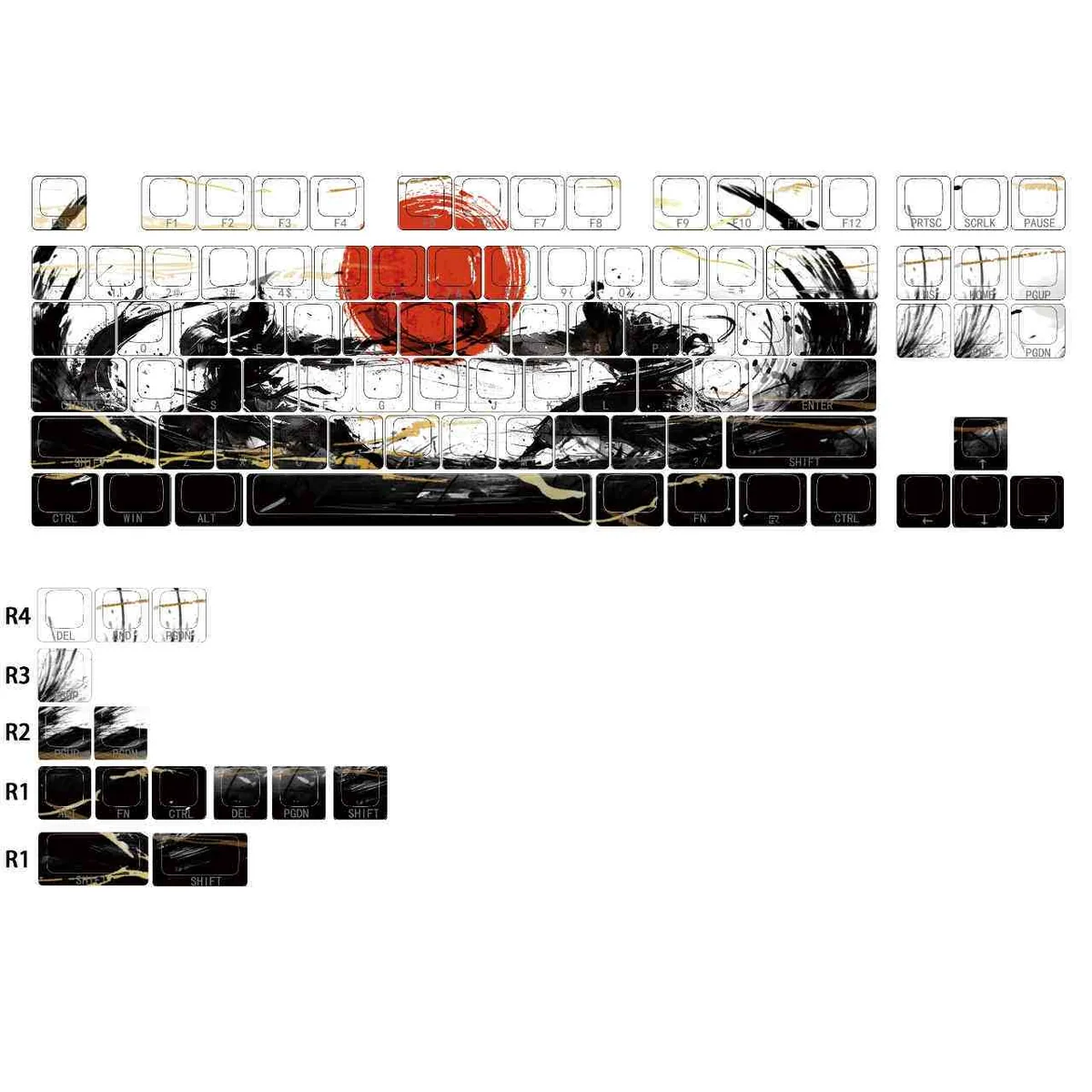 Dramatic Sunset War side-printed PBT keycap set, displaying durable PBT and vibrant dye-sublimated graphics with battle-worn aesthetic from various angles.