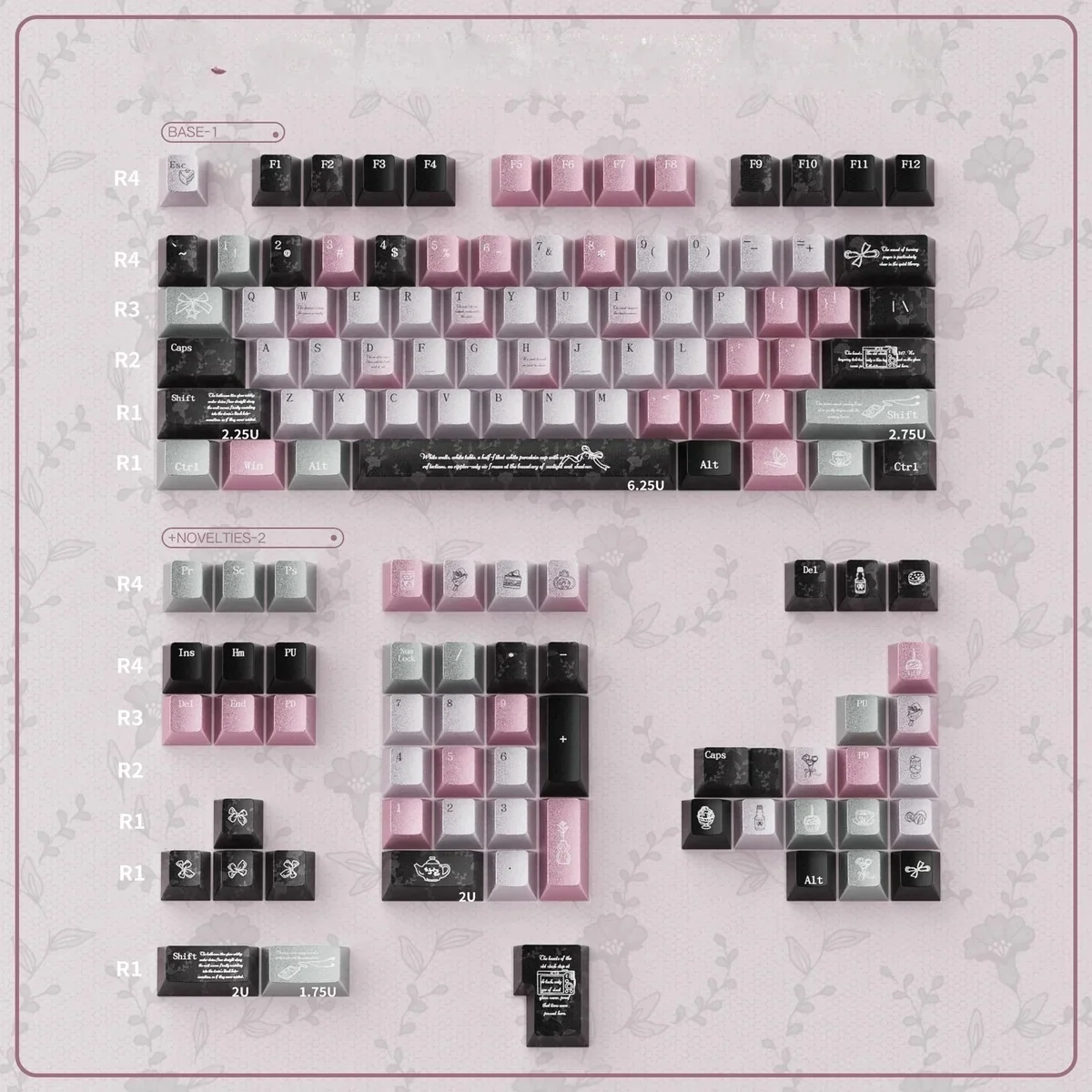 Angled shot of Mysterious Gauze Pink Dimple Aesthetic PBT Keycaps Set, highlighting the unique pearl metal finish and sophisticated PBT texture.