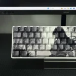 Detailed gallery views of Serene Bamboo PBT shine-through keycaps set, showcasing unique side-shine PBT, original bamboo art, and East Asian character illustration.