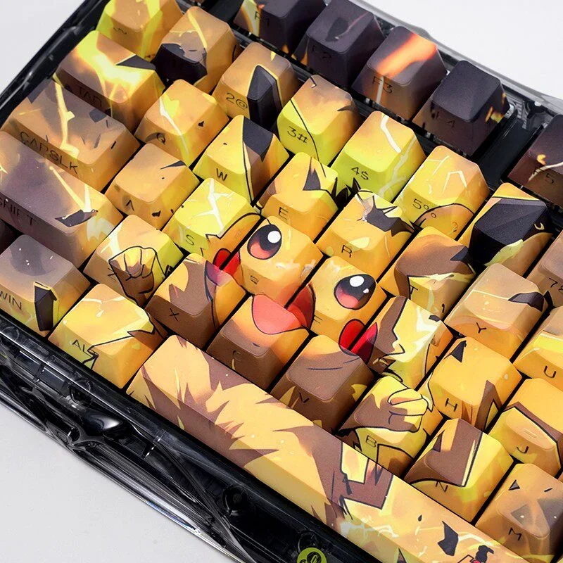 Vibrant Pikachu PBT backlit keycaps set showcase iconic graphics from multiple angles, highlighting luminous side-engraved legends for a playful look.