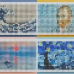 Large Pixel Art Desk Mat with a vibrant, blocky retro-modern design, showcasing unique artistic pixelation. This waterproof mat provides comfort.