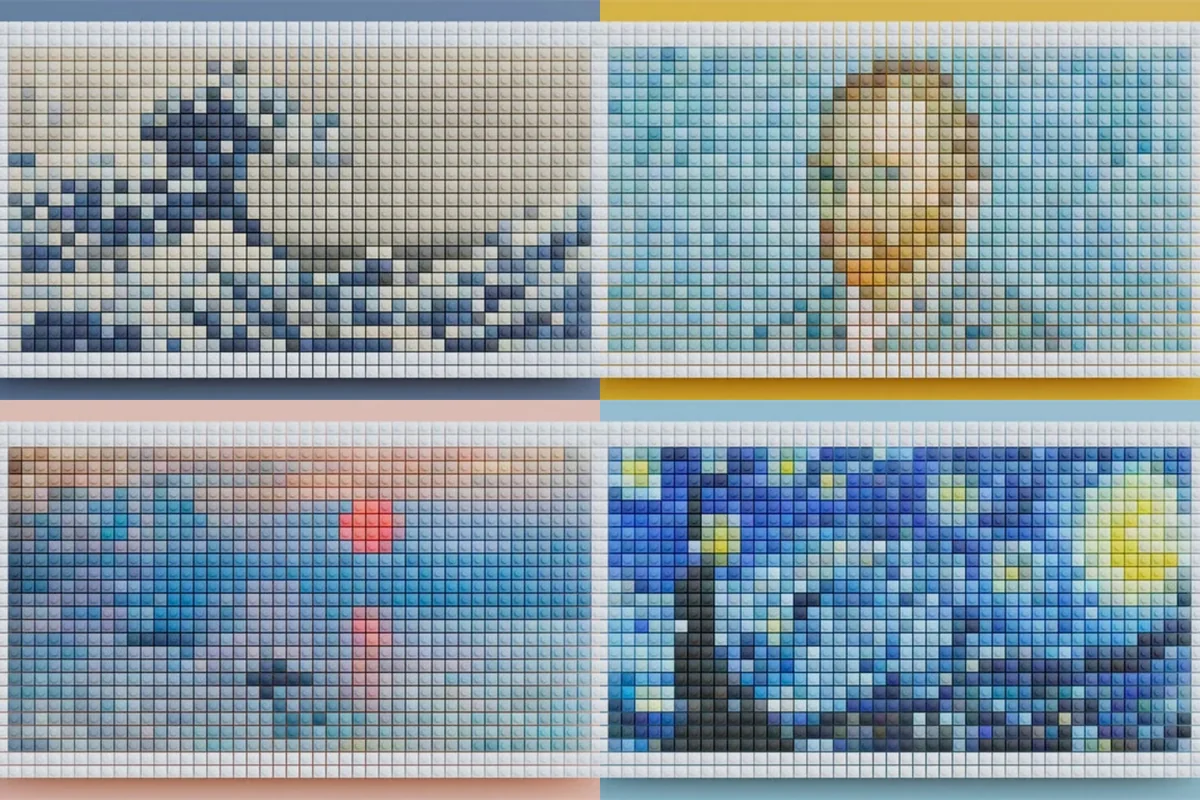 Large Pixel Art Desk Mat with a vibrant, blocky retro-modern design, showcasing unique artistic pixelation. This waterproof mat provides comfort.