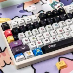 Dynamic shot of the Characters keycap set, glowing intensely with vibrant side-lit RGB, revealing the intricate translucent Pikachu art and superior craftsmanship.