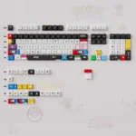 A playful Characters keycap set showcasing its iconic art from multiple angles, featuring translucent side-lit engravings that glow vibrantly with RGB keyboard.