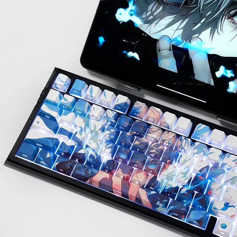 Gojo Satoru PBT keycaps set gallery: backlit, side-printed legends, durable matte finish. Enigmatic Gojo aesthetic for keyboards.