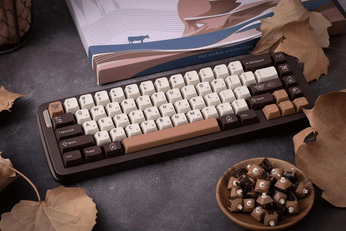 Close-up view of premium Norse Mythology artisan keycaps set, revealing intricate runes and divine symbols with exquisite detail.